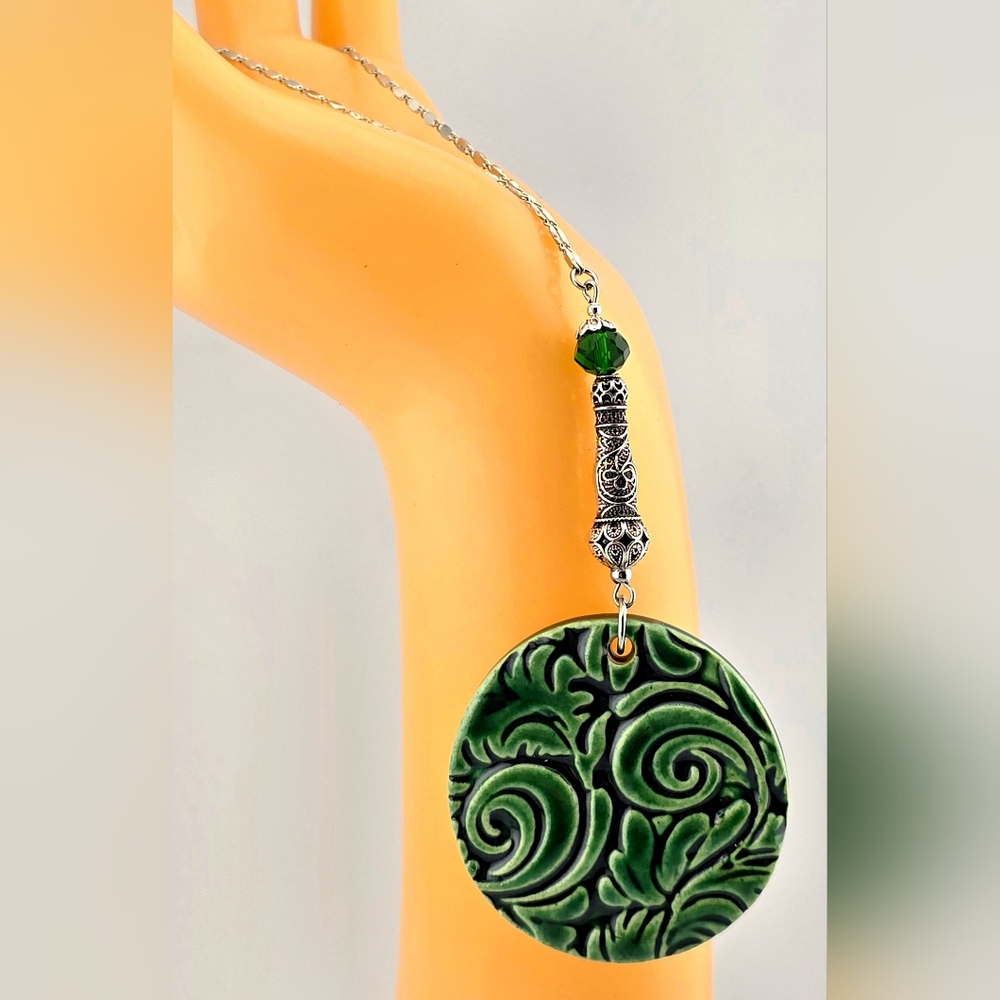 Handmade Kiln Fired Green Ceramic Beaded Christmas Ornament with Silver Chain - Picture 3 of 5